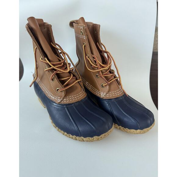L.L.Bean Bean Boots Womens Size 8 Brown Navy Leather Duck Boots Maine Made - Picture 2 of 9